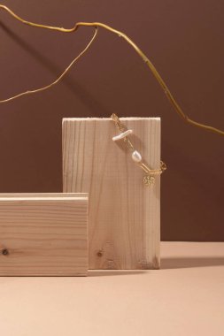 Tarafsız arka planda bej ve kahverengi renklerde en az altın mücevher. Aksesuarların ve doğal malzemelerin doğal tonlarda çekilmiş fotoğrafı. Asgari mücevher kavramı, kopyalama alanı