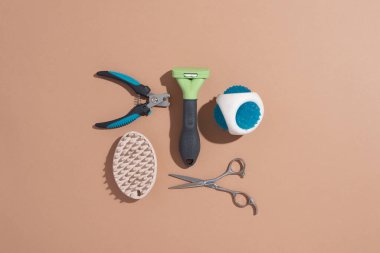 Bej bir arka planda hayvan bakımı, hijyen ve bakım aletleri. Farklı hayvan bakım aksesuarları, üst görünüm, kopyalama alanı