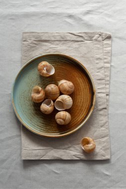 Yuvarlak plaka, bej rengi pamuk masa örtüsünün üzerinde sıcak renklerde bir kenarı var. Yumuşak renk paletinde doğal elementlerle minimalist kompozisyon. El yapımı ahenk konsepti, üst görünüm