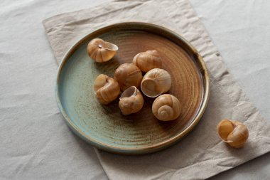 Yuvarlak plaka, bej rengi pamuk masa örtüsünün üzerinde sıcak renklerde bir kenarı var. Yumuşak renk paletinde doğal elementlerle minimalist kompozisyon. El yapımı ahenk konsepti, üst görünüm