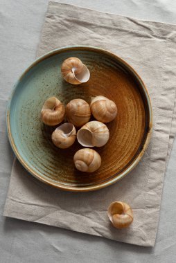 Yuvarlak plaka, bej rengi pamuk masa örtüsünün üzerinde sıcak renklerde bir kenarı var. Yumuşak renk paletinde doğal elementlerle minimalist kompozisyon. El yapımı ahenk konsepti, üst görünüm