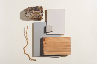 Dokular ruh hali tahtası. Malzeme örnekleri iç tasarım. Mimarlar için Moodboard tasarımı ve seçimi. Malzeme örnekleri, üst görünüm