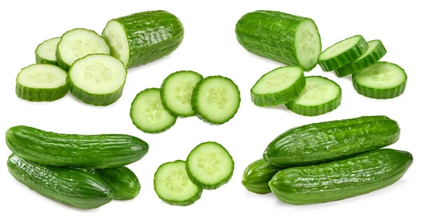 Gesneden Komkommers Geïsoleerd Witte Achtergrond Knippad — Stockfoto