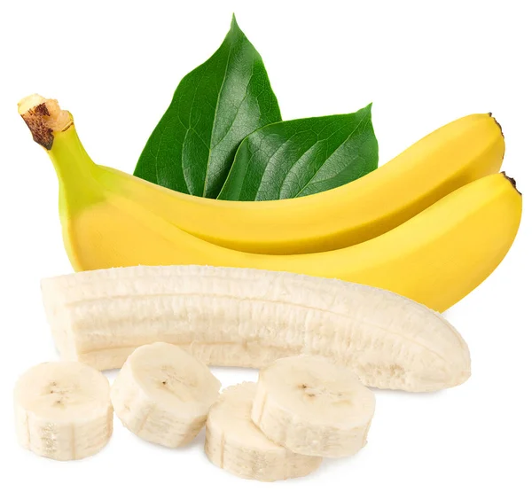 Geschnittene Banane Mit Grünen Blättern Isoliert Auf Weißem Hintergrund Exotisch — Stockfoto