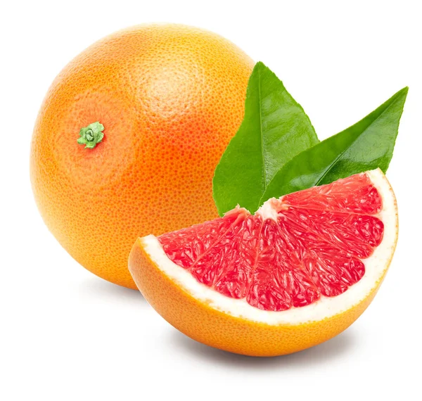 Grapefruit Plátky Zelené Listy Izolované Bílém Pozadí Cesta Oříznutí — Stock fotografie