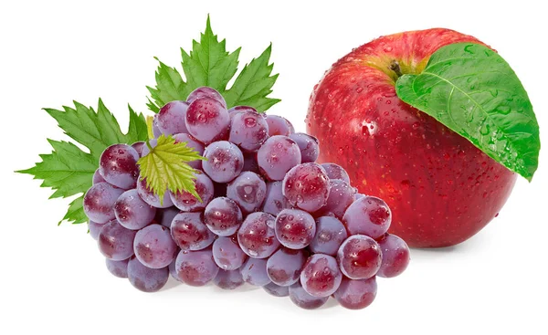 Ягоди Червоного Винограду Червоним Яблуком Зеленим Листям Ізольовані Білому Тлі — стокове фото