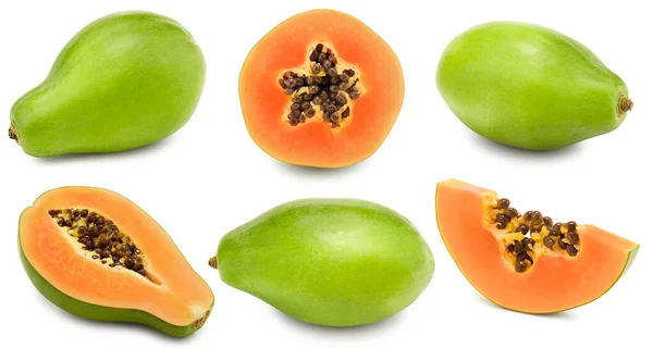 Érett Papaya Gyümölcs Fehér Alapon Izolált Szeletekkel Egzotikus Gyümölcs Nyírási — Stock Fotó