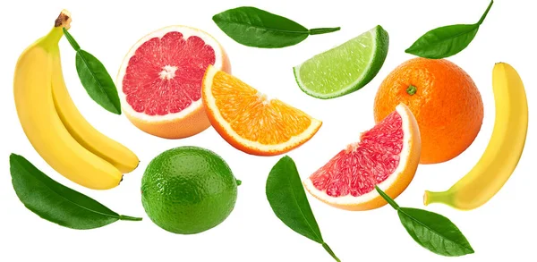 Fliegende Exotische Früchte Bananen Limetten Grapefruit Und Orangenfrüchte Isoliert Auf — Stockfoto