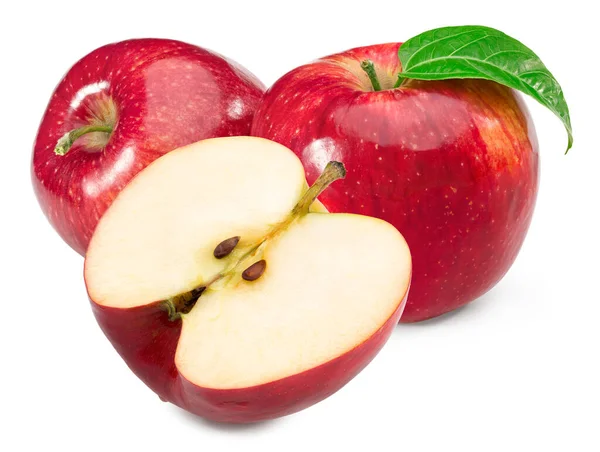 Yeşil Yapraklı Kırmızı Elmalar Beyaz Arka Planda Yarı Izole Edilmiş — Stok fotoğraf