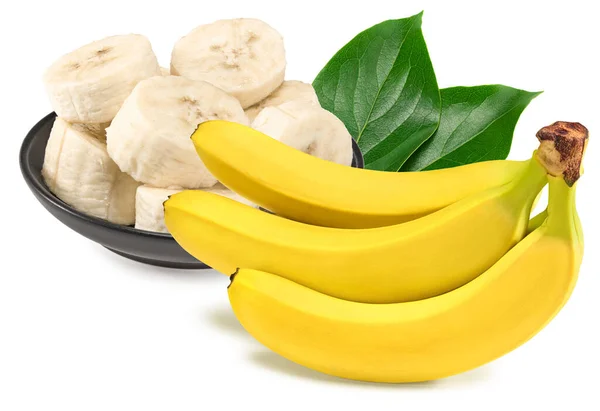 Banane Fraîche Avec Tranches Feuilles Vertes Isolées Sur Fond Blanc — Photo