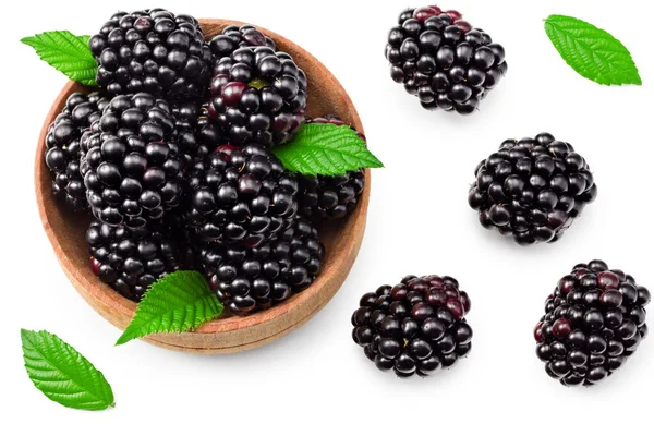 Blackberries Leaves Wooden Bowl Isolated White Background Clipping Path Top — Stock Photo, Image