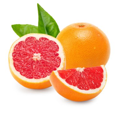 grapefruit with half of grapefruit and green leaves isolated on white background. clipping path