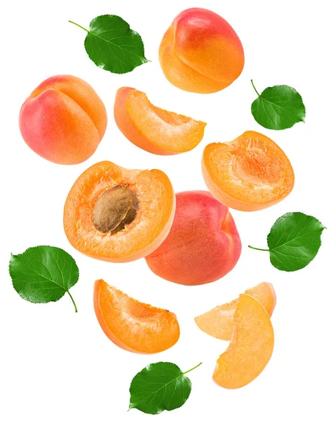 Flying Cut Apricot Fruit Green Leaf Isolated White Background Clipping — Foto de Stock