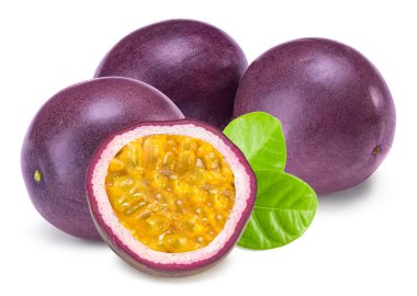 fresh passion fruit with green leaves  isolated on white background. exotic fruit. clipping path clipart