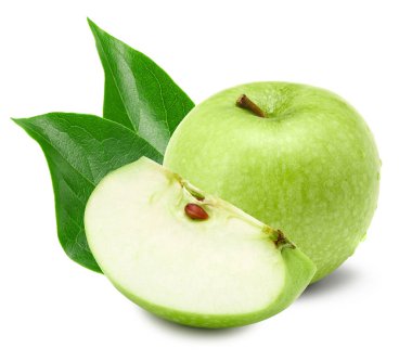 Tek yeşil elma, beyaz arka planda izole edilmiş elma ve yeşil yapraklar. kırpma yolu
