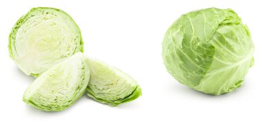 green cabbage with pieces isolated on white background. clipping path clipart