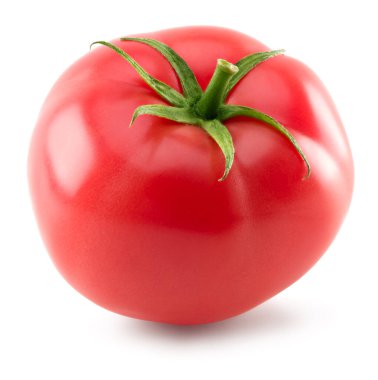 Beyaz arka planda izole edilmiş tek bir pembe domates. kırpma yolu