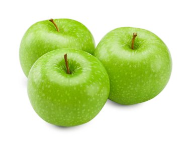 Beyaz arka planda izole edilmiş üç yeşil elma. kırpma yolu