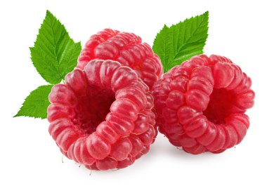 Beyaz arka plan makrosu üzerinde yeşil yapraklı olgun ahududu. kırpma yolu