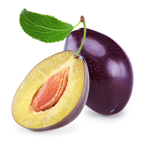 half of fresh plum fruit with green leaf isolated on white background. clipping path