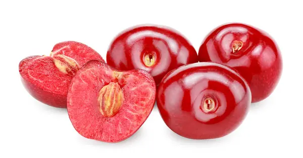 Red Cherry Fruits Slices Isolated White Background Clipping Path Stock Photo