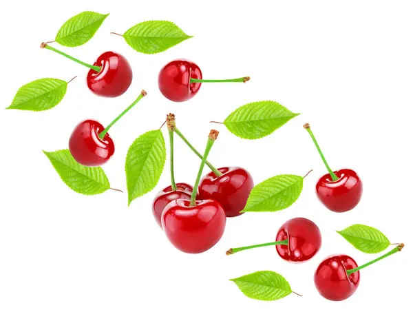 Flying Red Cherry Green Leaves Isolated White Background Clipping Path Stock Photo
