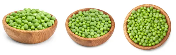 Fresh Green Peas Wooden Bowl Isolated White Background Clipping Path Stock Image
