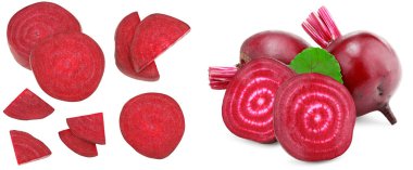 Pancar kökü ve beyaz arka planda izole edilmiş yeşil yaprak parçaları. kırpma yolu