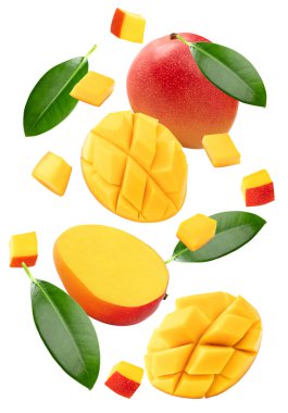Dilimlenmiş uçan mango ve beyaz arka planda izole edilmiş yeşil yapraklar. kırpma yolu