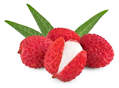 fresh lychee with slices and green leaves isolated on white background. clipping path