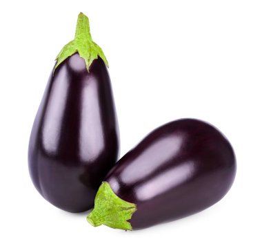 Beyaz arka planda izole edilmiş iki taze patlıcan. kırpma yolu