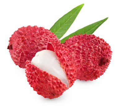 Fresh lychee with leaves isolated on white background. clipping path