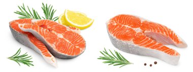 Çiğ balık, somon, alabalık, biftek dilimleri, beyaz arka planda izole edilmiş, kırpma yolu.