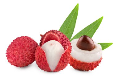 Fresh lychee with leaves isolated on white background. clipping path