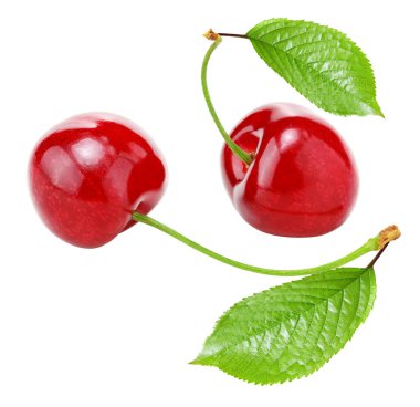 Kırmızı kiraz meyvesi beyaz arka planda izole edilmiş. kırpma yolu