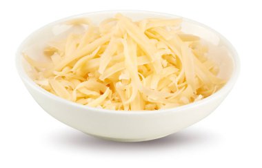 Beyaz arka planda izole edilmiş beyaz kasedeki peynirin tadı. kırpma yolu