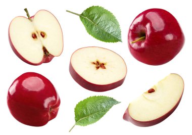 Beyaz arka planda yeşil yapraklı kırmızı elmalar. kırpma yolu