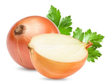 Beyaz arka planda maydanozlu soğan. Tam alan derinliği. kırpma yolu