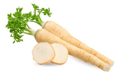 Beyaz arka planda izole edilmiş taze maydanoz kökü. kırpma yolu