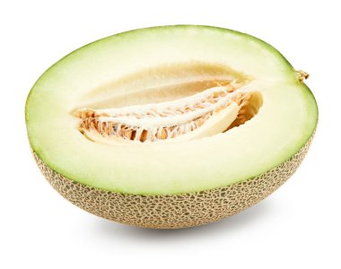 Kavunun yarısı beyaz arka planda izole edilmiş. Taze kavun. kırpma yolu