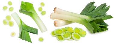 Dilimlenmiş pırasa beyaz arka planda izole edilmiş. kırpma yolu