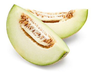 Dilimlenmiş kavun beyaz arka planda izole edilmiş. Taze kavun. kırpma yolu