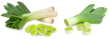 Dilimlenmiş pırasa beyaz arka planda izole edilmiş. kırpma yolu