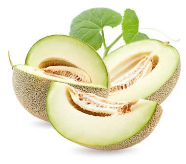 Dilimlenmiş kavun beyaz arka planda izole edilmiş. Taze kavun. kırpma yolu