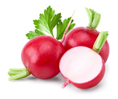 Beyaz arka planda izole edilmiş taze turp. kırpma yolu