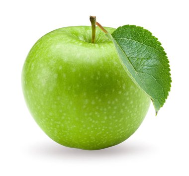 Yeşil yapraklı yeşil elmalar beyaz arka planda izole edilmiş. kırpma yolu