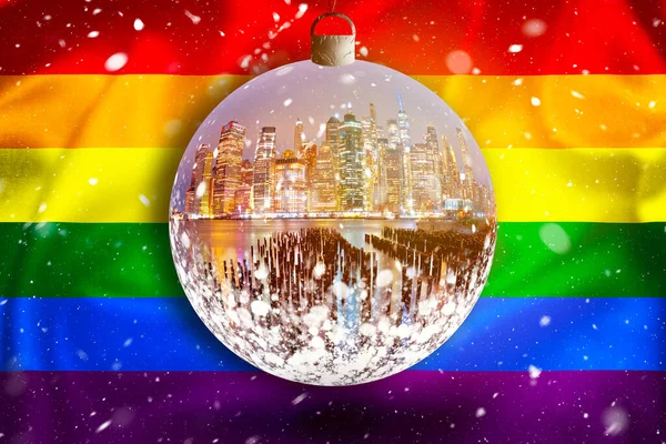 Ciudad Nueva York Skyline Bola Cristal Navidad Bandera Lgbtq Tiempo — Foto de Stock