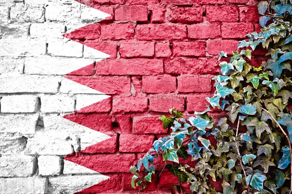 Bahrein grunge flag on brick wall with ivy plant, country symbol concept