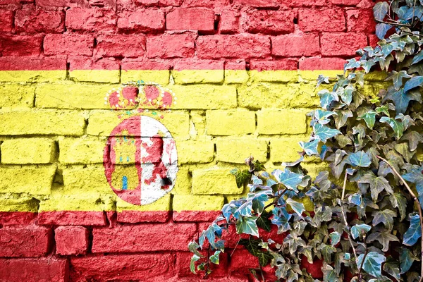 Spain grunge flag on brick wall with ivy plant, country symbol concept