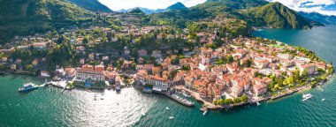 Menaggio, Como Gölü. İtalya 'nın Lombardy bölgesindeki Como Gölü' ndeki Menaggio kasabasının hava panoramik manzarası